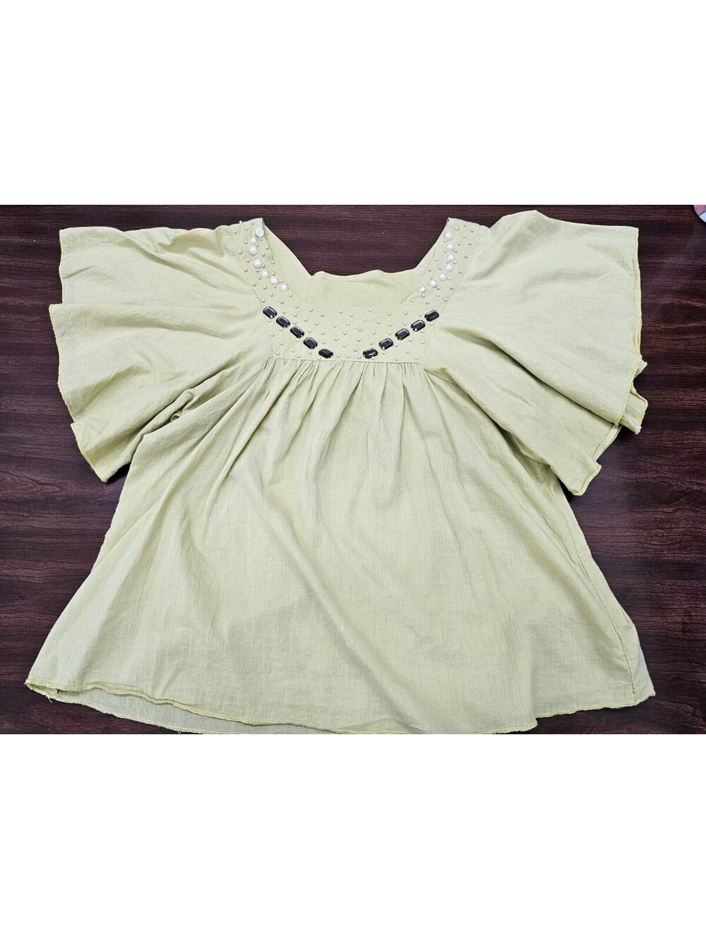 Womens Boho Peasant Top Mustard Beaded Embellished Neck Puff Sleeves Blouse L/XL